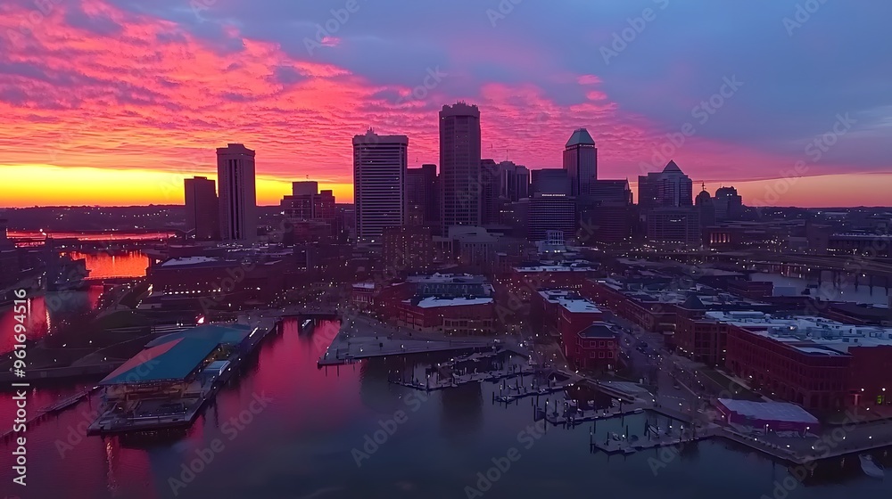 Fototapeta premium Vibrant sunset over a city skyline reflecting on the water.
