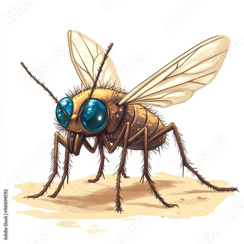 A detailed, vibrant illustration of a large housefly with striking blue eyes and translucent wings, making it suitable for educational materials, presentations on insects, or art projects, photo