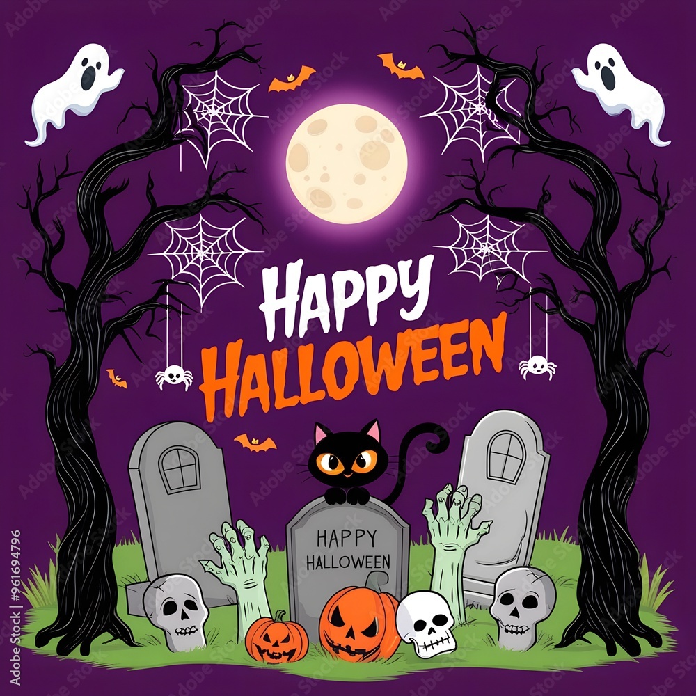 Spooky Halloween Illustration with Full Moon, Ghosts, Bats, and Haunted Graveyard Scene Spooky Halloween Illustration with Full Moon, Ghosts, Bats, and Haunted Graveyard Scene