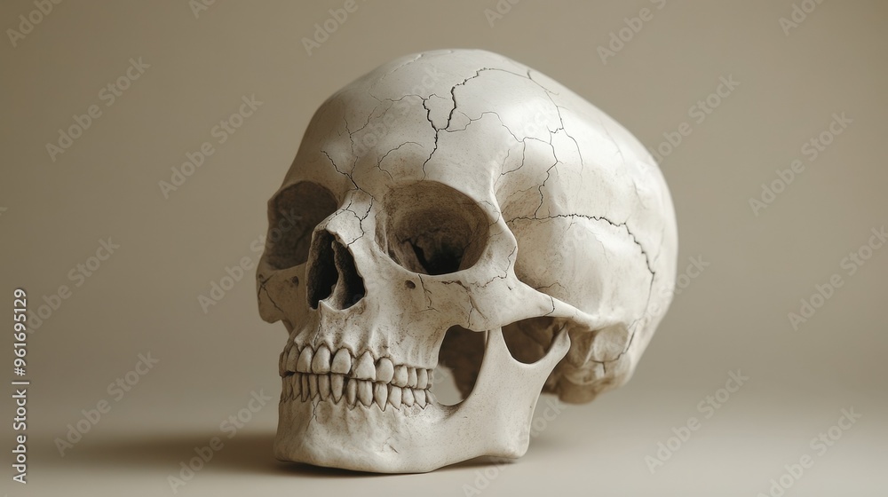 Hyper-realistic skull sculpt in 3D, showing every crack and wear in fine detail, placed on a soft beige backdrop Hyper-realistic skull sculpt in 3D, showing every crack and wear in fine detail, placed on a soft beige backdrop