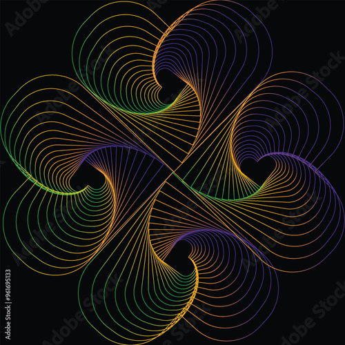 Yellow and red shining wavy lines square spiral.