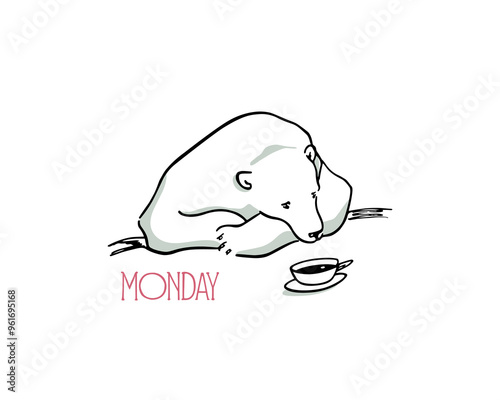 Vector card with hand drawn cute polar bear sitting at a table with a cup of coffee. It's Monday and the bear is frustrated. Beautiful ink drawing, comic illustration.