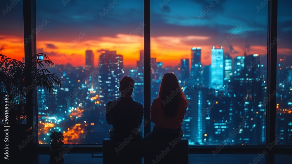 Couple enjoying a vibrant sunset view from a high-rise building overlooking a bustling city skyline at dusk Couple enjoying a vibrant sunset view from a high-rise building overlooking a bustling city skyline at dusk
