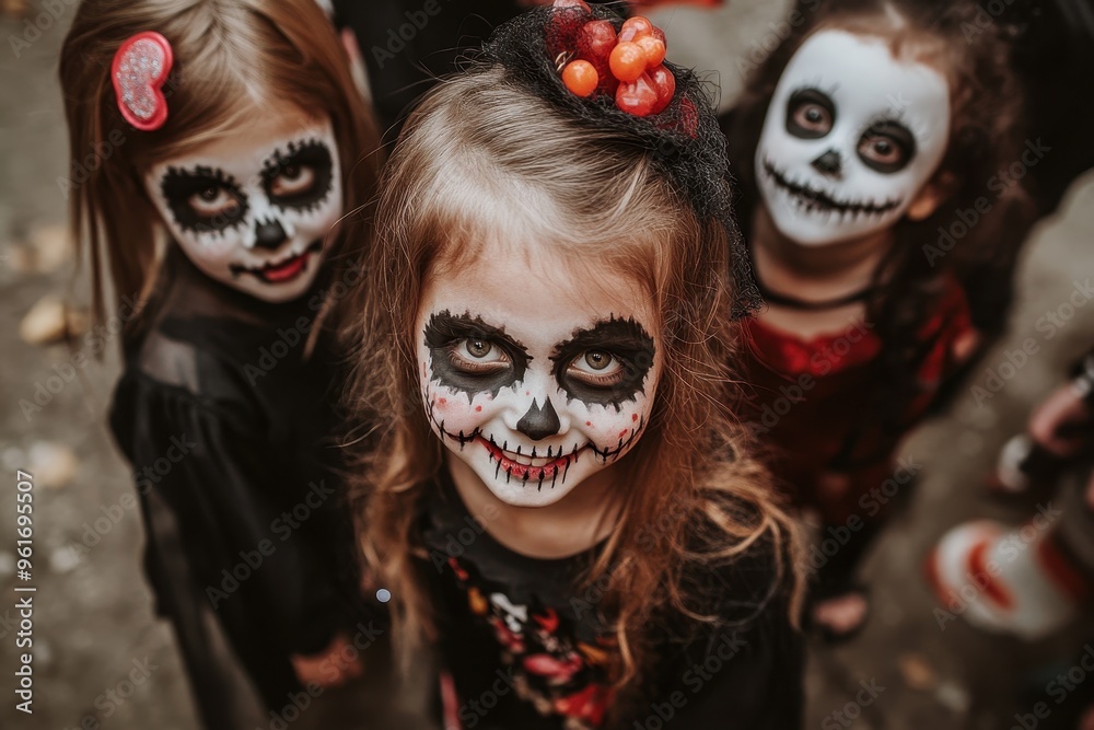 Three Children Dressed as Skeletons for Halloween Three Children Dressed as Skeletons for Halloween