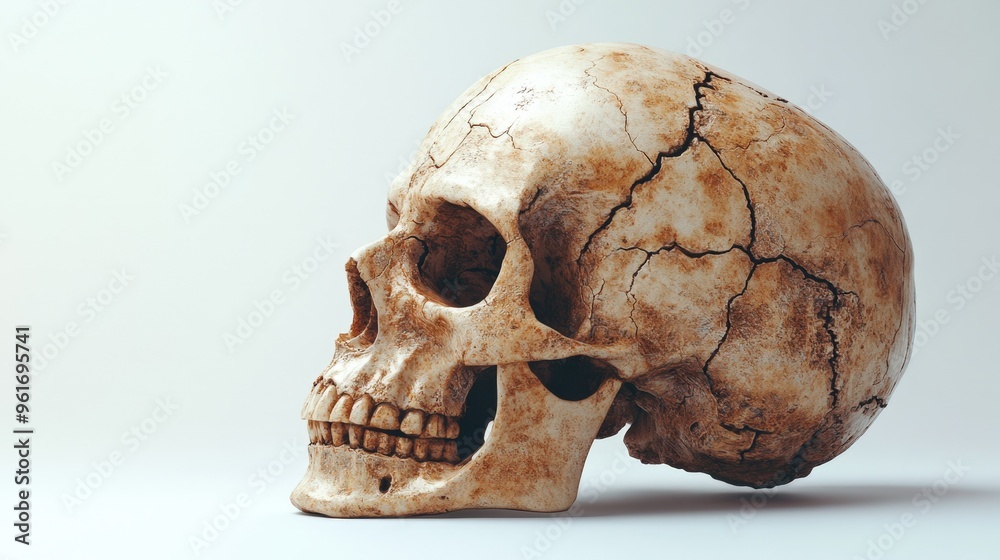 Detailed 3D model of a skull, showcasing realistic bone decay and cracks, placed on an isolated white backdrop Detailed 3D model of a skull, showcasing realistic bone decay and cracks, placed on an isolated white backdrop