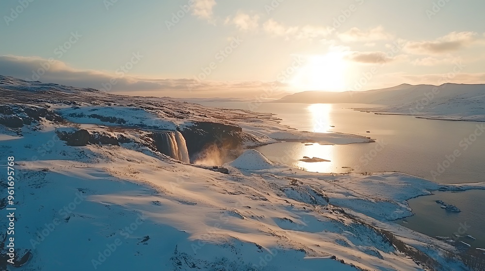 Fototapeta premium Stunning sunset over a snow-covered landscape featuring a majestic waterfall.