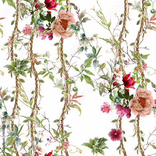 Watercolor painting of leaf and flowers, seamless pattern on white background