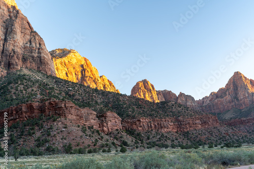 Stunning views of red rock mountains at Zion National Park, Utah.