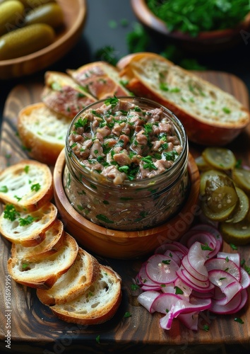 Rillettes A rustic jar of pork rillettes with a side of cornichons and slices of baguette. Served on a wooden board.