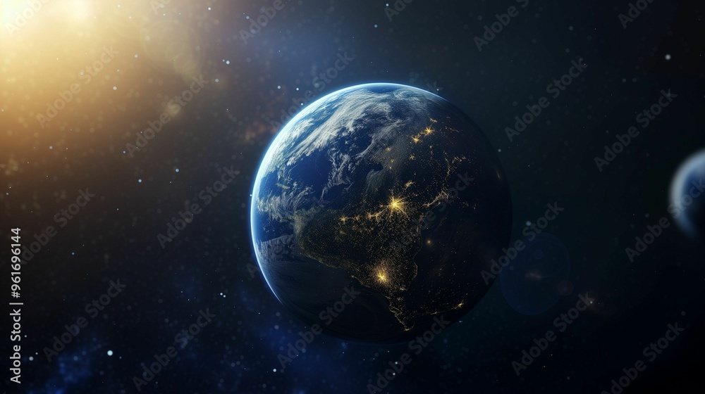 Obraz premium A breathtaking view of Earth from space at night showing glowing city lights and vast cosmic scenery