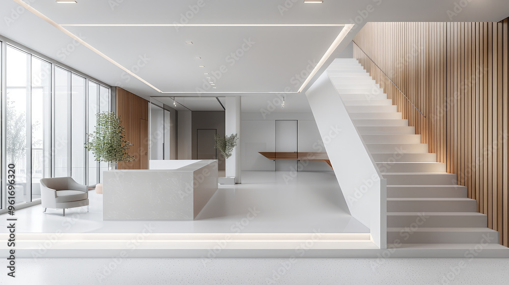 Fototapeta premium A white and light grey room with an entrance, stairs leading up to the second floor on one side, a reception desk in corner, wood panel walls, minimal interior design style. Generative AI.