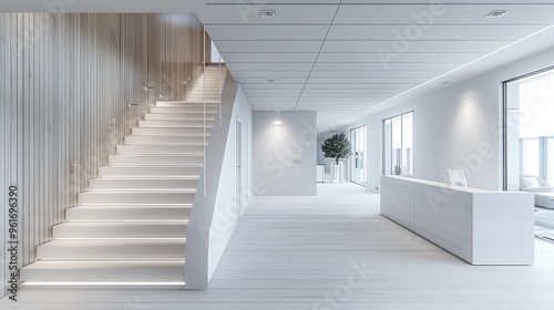 A white and light grey room with an entrance, stairs leading up to the second floor on one side, a reception desk in corner, wood panel walls, minimal interior design style. Generative AI.