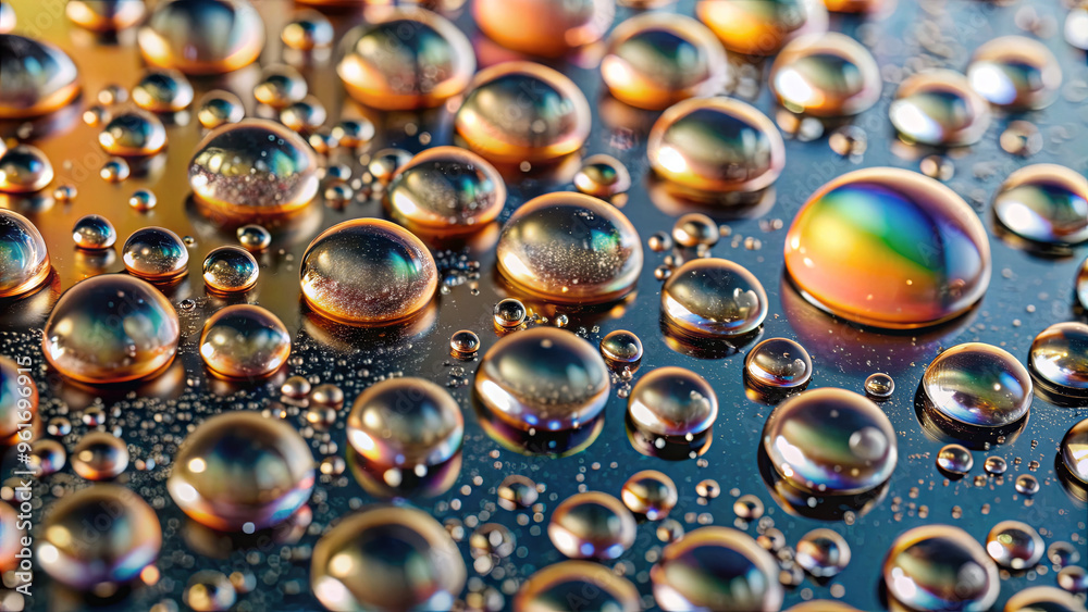 Colorful water droplets rest on a reflective surface, capturing light and creating shimmering patterns. The breathtaking display of colors highlights the variety of shapes and sizes Colorful water droplets rest on a reflective surface, capturing light and creating shimmering patterns. The breathtaking display of colors highlights the variety of shapes and sizes