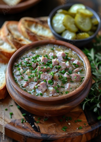 Rillettes A rustic jar of pork rillettes with a side of cornichons and slices of baguette. Served on a wooden board. photo