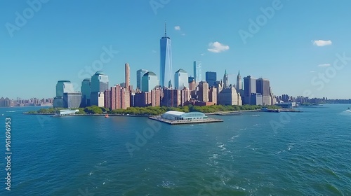 Aerial view of New York City's skyline on a clear day with blue skies.