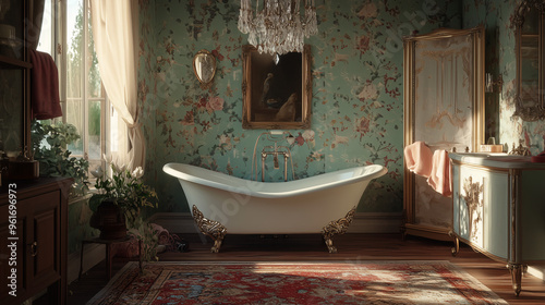 A luxurious vintage-style bathroom featuring a roll-top bathtub, Victorian-style wallpaper, a crystal chandelier, and a plush rug on the floor photo