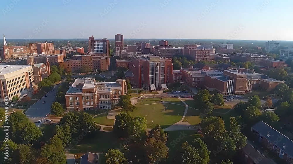 Aerial view of a vibrant university campus with trees and buildings under a clear blue sky. Aerial view of a vibrant university campus with trees and buildings under a clear blue sky.