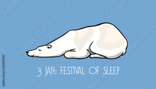 Vector Festival of Sleep day card. Hand drawn cute polar bear sleeping in a funny position. Beautiful ink drawing, funny card.