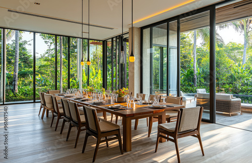 Large wooden table with chairs and glass wall. Created with Ai