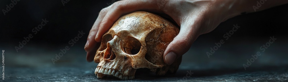 A single hand presses down on the top of a cracked skull, the bone catching soft light from above on a simple backdrop.