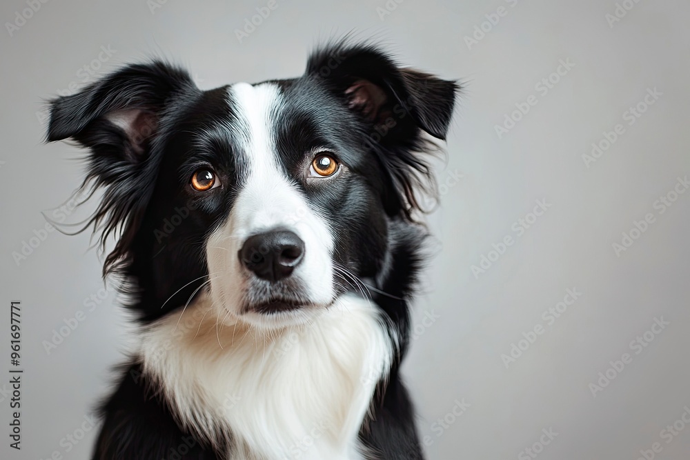 studio headshot portrait of black and white dog tilting head looking forward against a light gray background , ai studio headshot portrait of black and white dog tilting head looking forward against a light gray background , ai