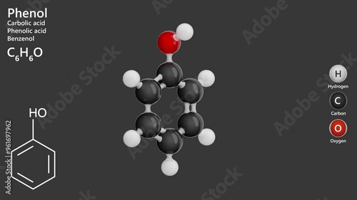 The Phenol molecule C6H6O (C6H5OH). Animated 3D model. 3d render. Phenol is an organic compound with an aromatic ring. black background photo