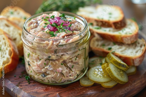 Rillettes A rustic jar of pork rillettes with a side of cornichons and slices of baguette. Served on a wooden board.