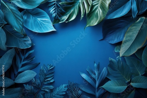 Blue Color Collection of Tropical Leaves and Foliage Plants on Space Background