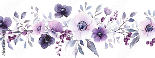 Wallpaper Mural Elegant Watercolor Floral Composition Featuring Purple Blooms and Lush Greenery Torontodigital.ca