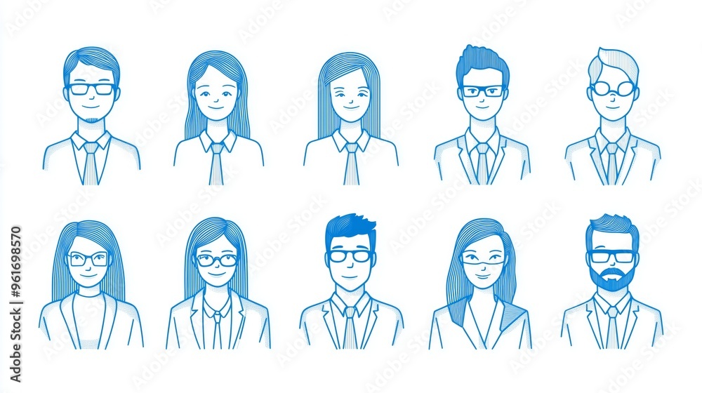 Minimalist set avatar of people made from blue lines on a white background. Minimalist set avatar of people made from blue lines on a white background.