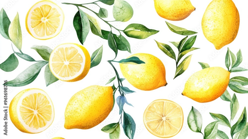 Vibrant Watercolor Illustration of Lemons and Green Leaves