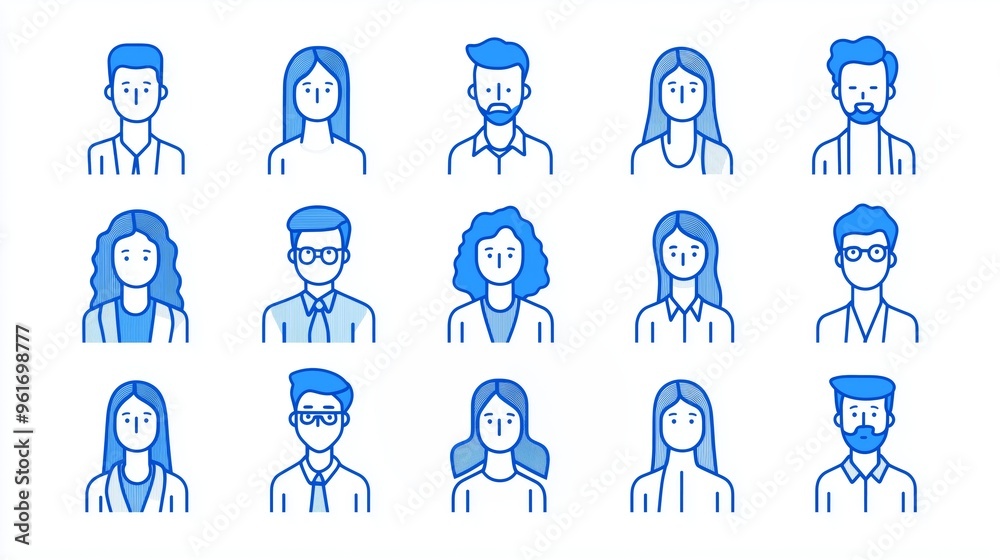 Minimalist set avatar of people made from blue lines on a white background. Minimalist set avatar of people made from blue lines on a white background.