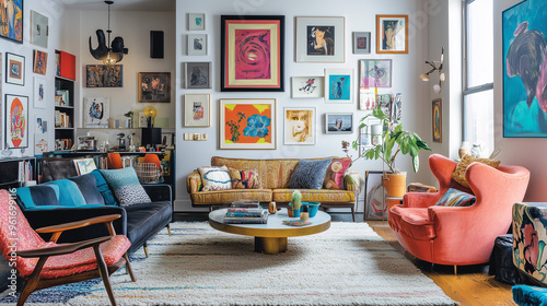 A maximalist living area with a mix of vintage and contemporary furniture, bright color palette, and a gallery wall filled with various artworks