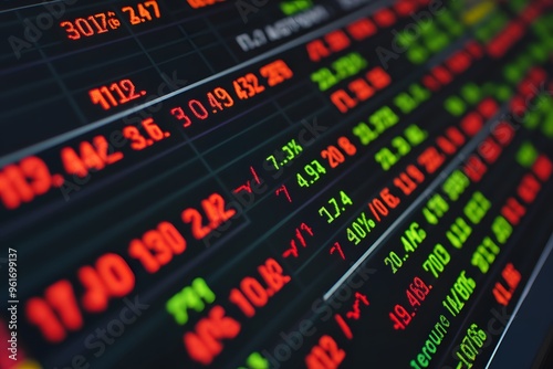 Close-up of a Digital Stock Ticker Displaying Red and Green Numbers