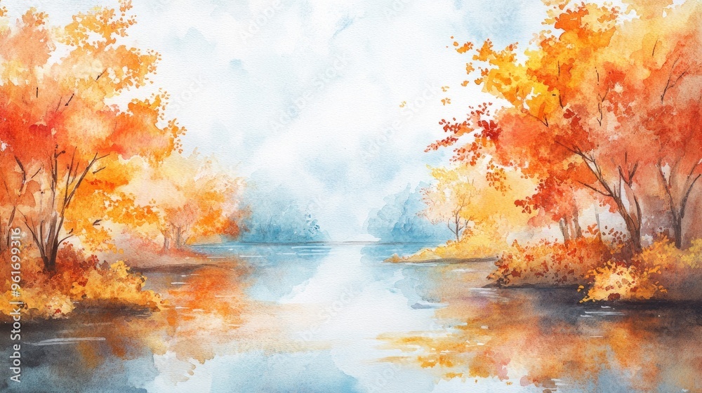 Serene Autumn Landscape: A Watercolor Reflection of Vibrant Colors and Tranquil Waters Serene Autumn Landscape: A Watercolor Reflection of Vibrant Colors and Tranquil Waters
