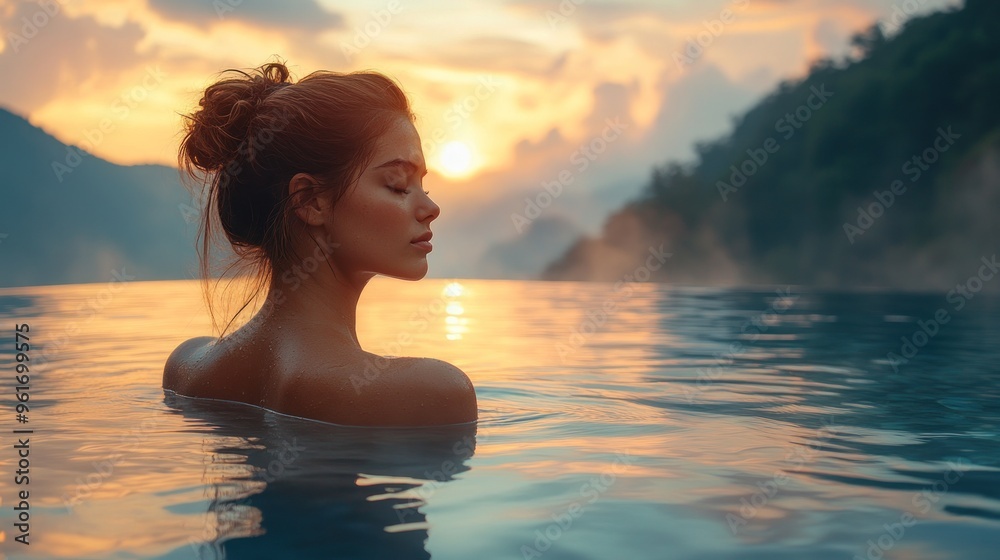 Woman Relaxing in Infinity Pool at Sunset Woman Relaxing in Infinity Pool at Sunset