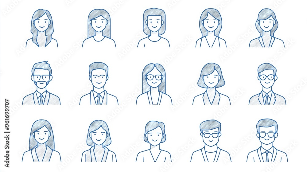 Minimalist set avatar of people made from blue lines on a white background. Minimalist set avatar of people made from blue lines on a white background.
