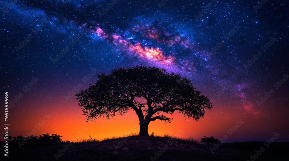 a majestic tree silhouetted against night skyline of the universe and stars