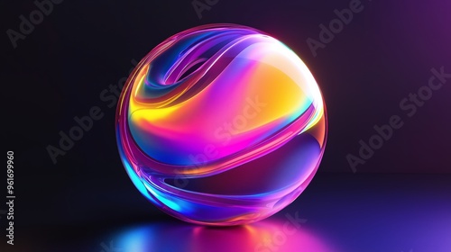 3D render of an abstract iridescent rainbow gradient sphere with swirling shapes on a black background.