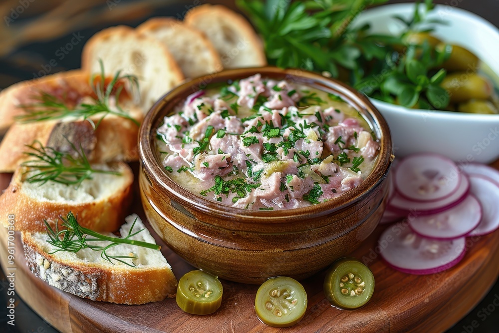 Rillettes A rustic jar of pork rillettes with a side of cornichons and slices of baguette. Served on a wooden board.