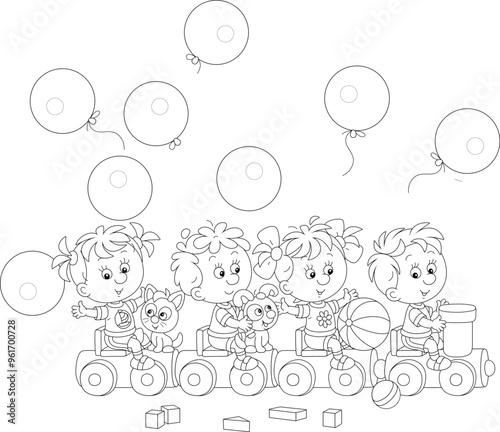 Happy little children playing on a toy train with balloons on a playground, black and white vector cartoon illustration for a coloring book