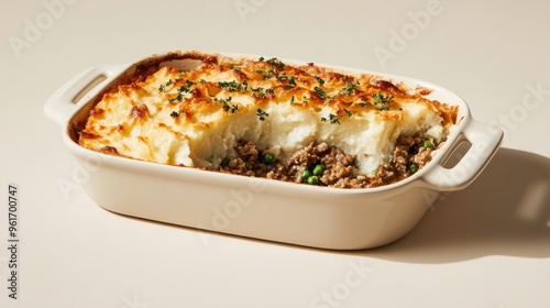 A white dish with meat and potatoes in it