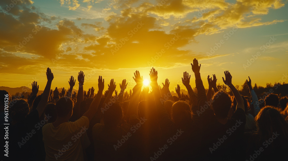 Crowd Silhouettes Against a Golden Sunset