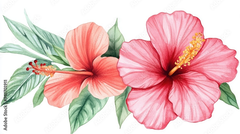 Vibrant Hibiscus Flowers in Watercolor: A Tropical Botanical Masterpiece Vibrant Hibiscus Flowers in Watercolor: A Tropical Botanical Masterpiece