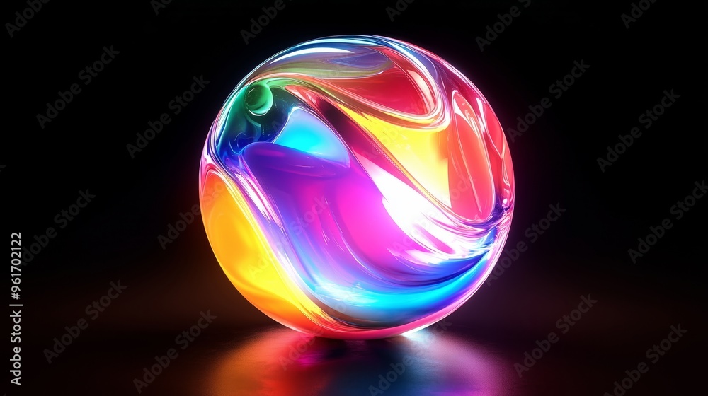 3D render of an abstract iridescent rainbow gradient sphere with swirling shapes on a black background.