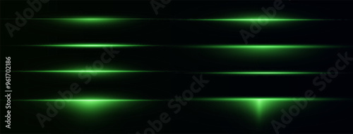 Laser lines of light. Horizontal neon light. Neon green horizontal speed lines. Glowing stripes. Laser beams. light lines of movement and speed in neon color.Beautiful flash of light and sparks.