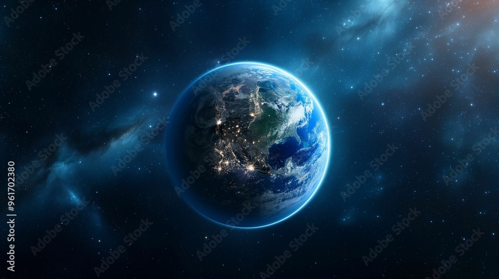 Vibrant view of Earth from space showcasing city lights and natural landscapes in the vast cosmos at night Vibrant view of Earth from space showcasing city lights and natural landscapes in the vast cosmos at night