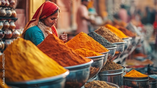 Fototapeta Naklejka Na Ścianę i Meble -  Indian woman selling spices at market