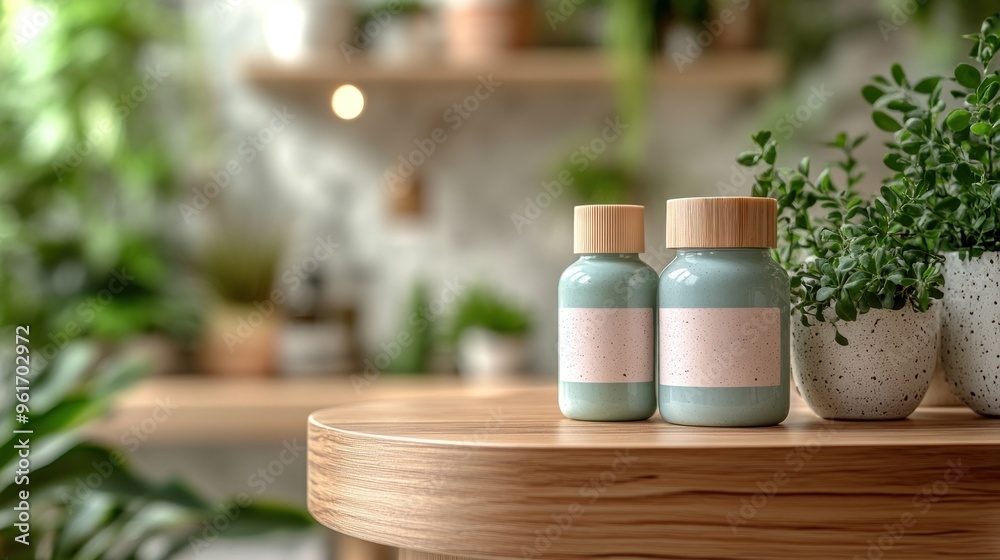Two Bottles with Wooden Lids on Tabletop with Greenery Two Bottles with Wooden Lids on Tabletop with Greenery