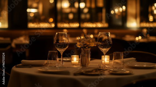 Romantic Candlelit Dinner Table Setting at a Fine Dining Restaurant